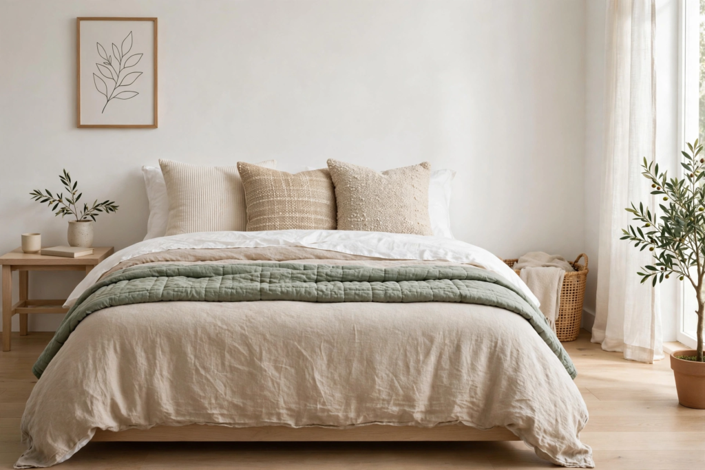 Bedding Set Ideas 2026: 15 Stylish Looks for Your Bedroom Oatmeal washed linen duvet layered with an olive green channel quilt showcasing bedding set ideas 2026 in a serene, earthy bedroom.
