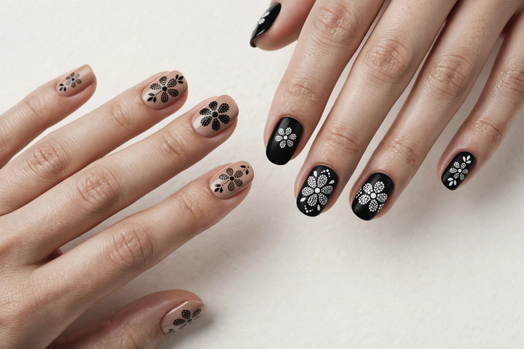 20 Simple Floral Nail Art Designs That Are Easy to Try Simple floral nail art designs featuring black and white dotted lace flower patterns on nude and black nails.