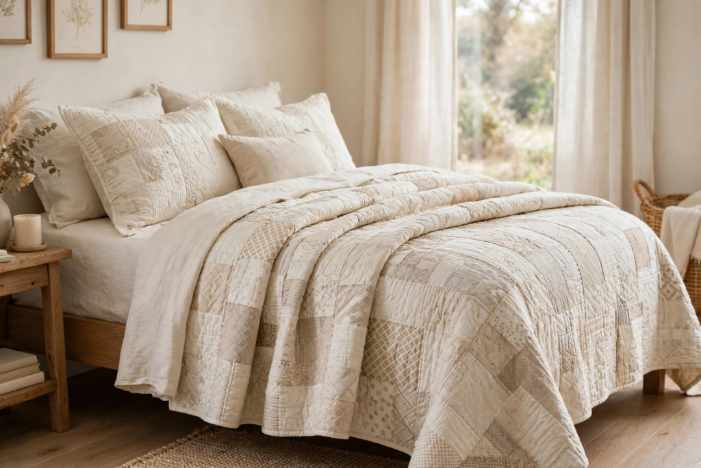 Bedding Set Ideas 2026: 15 Stylish Looks for Your Bedroom Neutral patchwork quilt and matching shams showing cozy rustic bedding set ideas 2026 on a wooden bed frame.