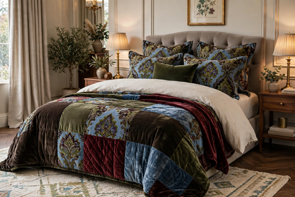 Bedding Set Ideas 2026: 15 Stylish Looks for Your Bedroom Rich velvet patchwork quilt with damask shams showcasing moody traditional bedding set ideas 2026 on a tufted headboard bed.
