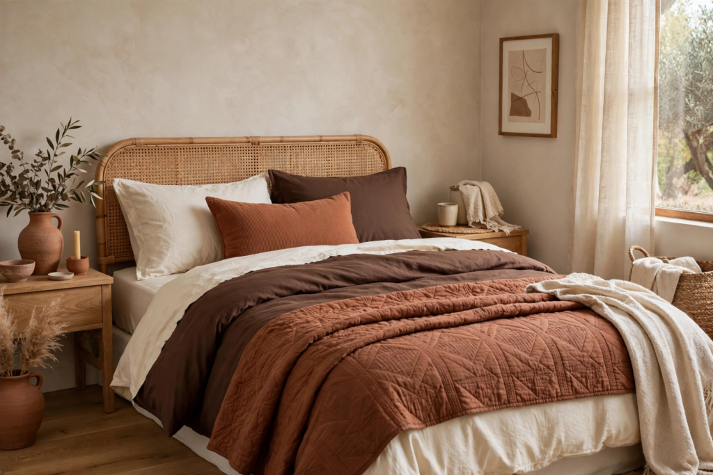 Bedding Set Ideas 2026: 15 Stylish Looks for Your Bedroom Terracotta quilt and chocolate brown duvet layered with ivory linens showcasing warm earthy bedding set ideas 2026 on a rattan cane bed.