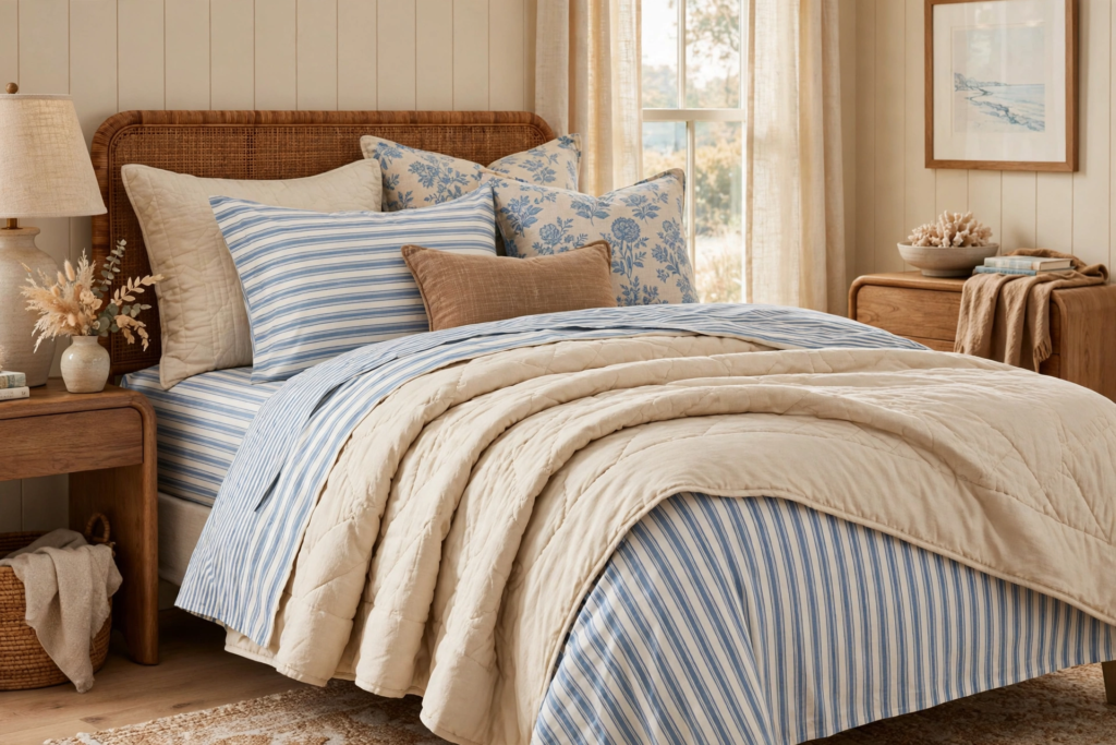Bedding Set Ideas 2026: 15 Stylish Looks for Your Bedroom Blue ticking stripe sheets layered with a beige quilted coverlet and floral shams showcasing coastal bedding set ideas 2026 on a wicker bed.