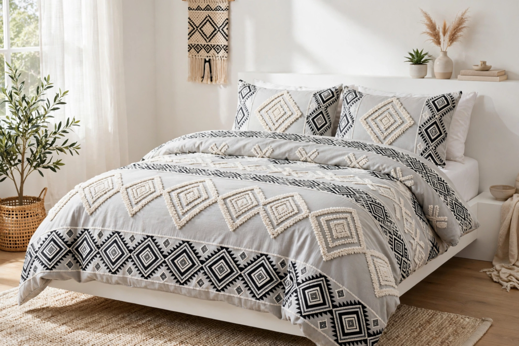 Bedding Set Ideas 2026: 15 Stylish Looks for Your Bedroom Grey tufted geometric duvet cover and matching pillow shams showcasing boho bedding set ideas 2026 in a modern minimalist bedroom.
