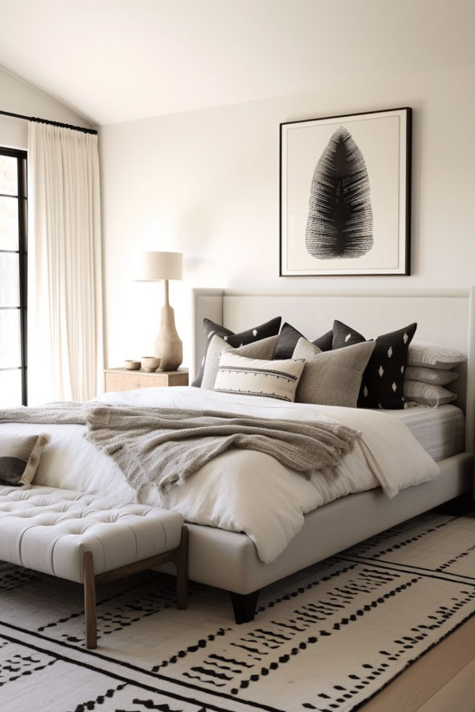 Bedding Set Ideas 2026: 15 Stylish Looks for Your Bedroom White fluffy duvet with charcoal mudcloth cushions and grey knit throw showcasing modern boho bedding set ideas 2026 on an upholstered platform bed.