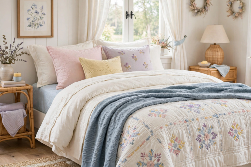 Bedding Set Ideas 2026: 15 Stylish Looks for Your Bedroom Soft pastel quilted bedspread with textured blue throw blanket highlighting colorful cottagecore 2026 bedding set ideas.
