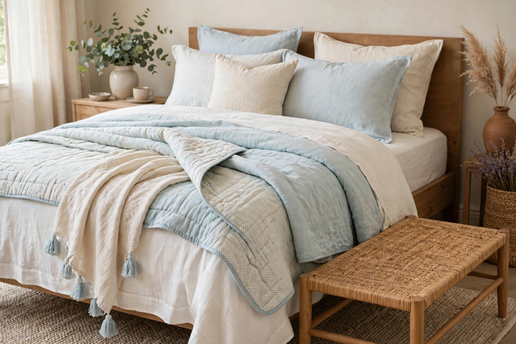 Bedding Set Ideas 2026: 15 Stylish Looks for Your Bedroom Light blue stitched quilt layered with linen pillows and tassel throw blanket showing coastal bedding set ideas 2026 on an oak wood bed.