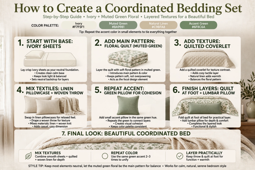 Bedding Set Ideas 2026: 15 Stylish Looks for Your Bedroom Infographic guide on how to style bedding set ideas 2026 step by step using layered ivory sheets, muted green floral quilt, and textured pillows.