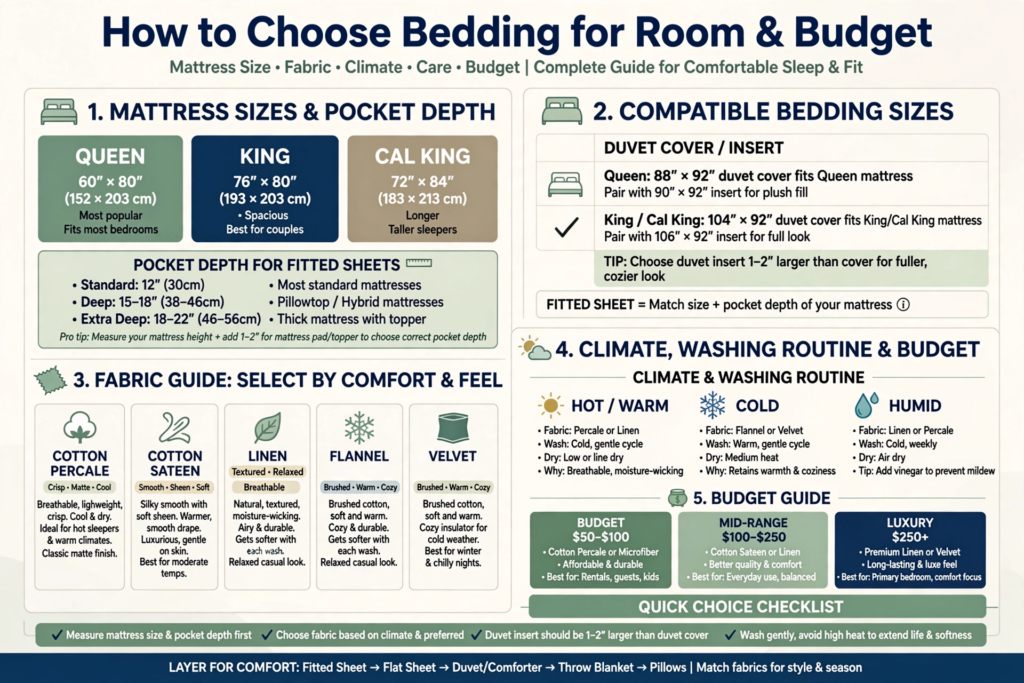 Bedding Set Ideas 2026: 15 Stylish Looks for Your Bedroom Infographic guide highlighting practical bedding set ideas 2026 covering mattress sizing, pocket depth, fabrics, and climate care tips.