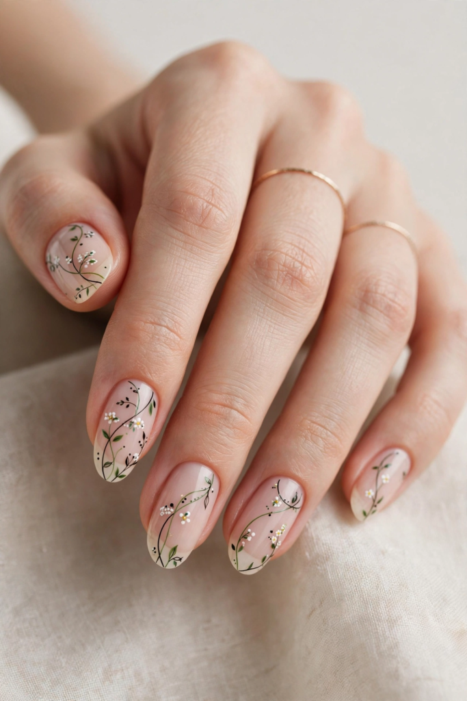 20 Simple Floral Nail Art Designs That Are Easy to Try Simple floral nail art designs featuring delicate climbing vines and tiny white blossoms on oval nude nails.