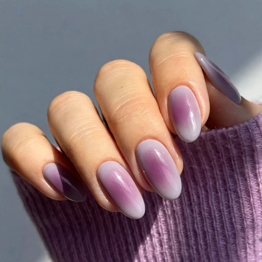 Purple aura nails featuring glossy almond-shaped tips with a diffused magenta center and pale lavender borders, reflecting the 2026 nail trend.