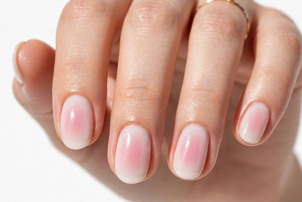 Short oval pink blush aura nails with glossy milky white borders and a diffused rose center, popular for 2026 manicures.