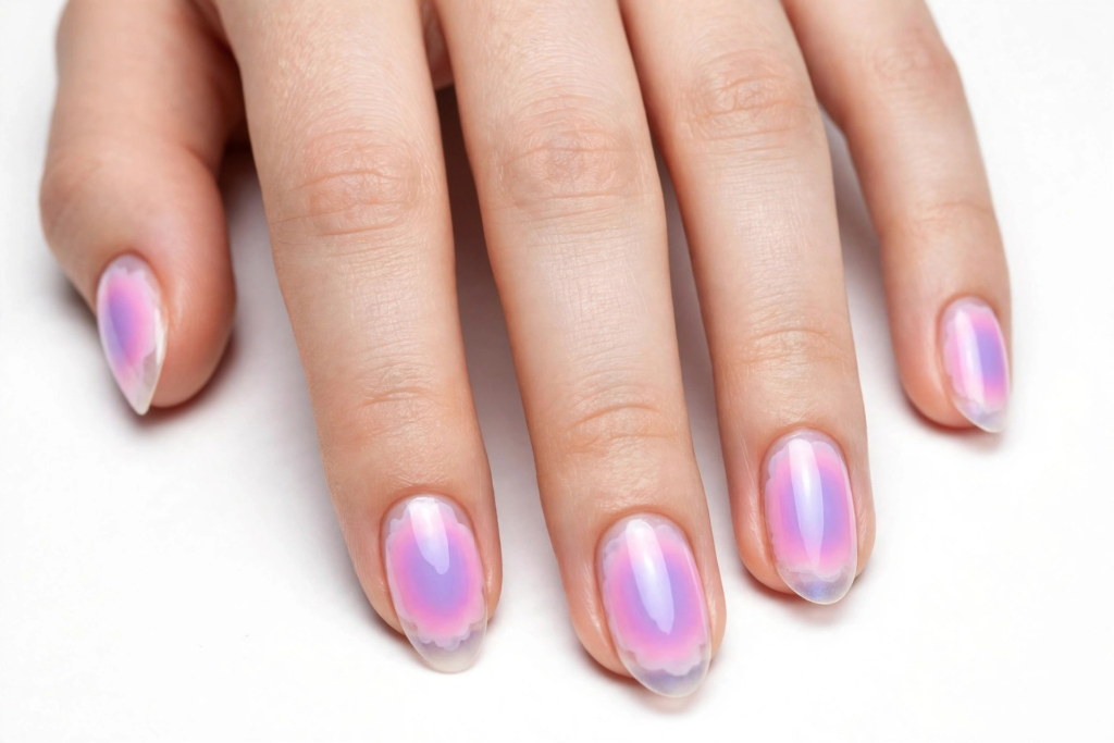 Clear jelly aura nails with translucent glass tips and a glowing pink-purple iridescent center, trending for 2026 nail designs.