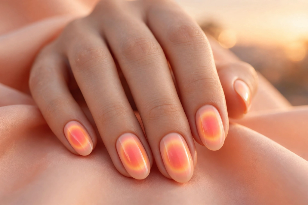 Sunset peach aura nails with glossy nude almond tips and an airbrushed coral-pink center halo, popular for 2026 manicures.   
