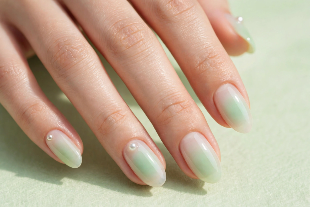 Sage green aura nails featuring glossy sheer nude oval tips with a diffused mint green center and tiny pearl cuticle accents for 2026 nail trends.   