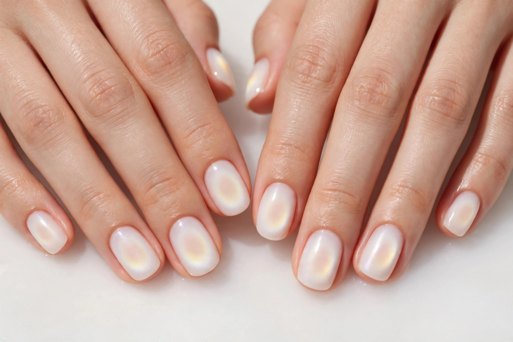 Milky white pearl aura nails with a soft shimmering golden-champagne diffused center, trending for clean girl 2026 manicures.   