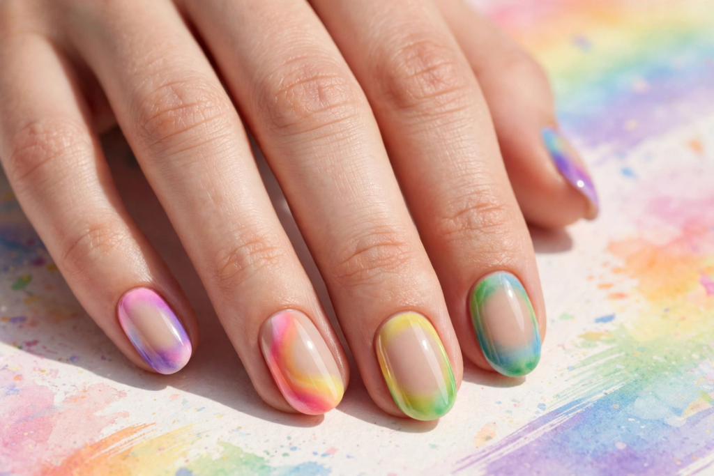 Rainbow aura nails featuring glossy nude oval tips framed with multicolored airbrushed gradients, trending for 2026 summer nail styles.   