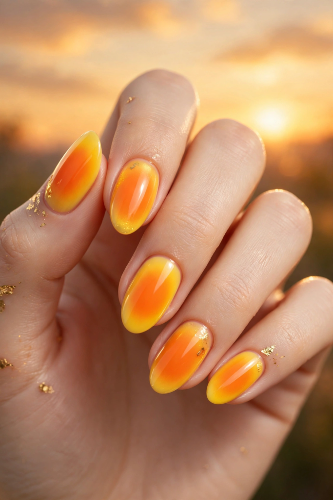 Yellow orange aura nails with glossy oval tips, warm citrus gradient centers, and delicate gold foil flakes, popular for 2026 summer manicures.   