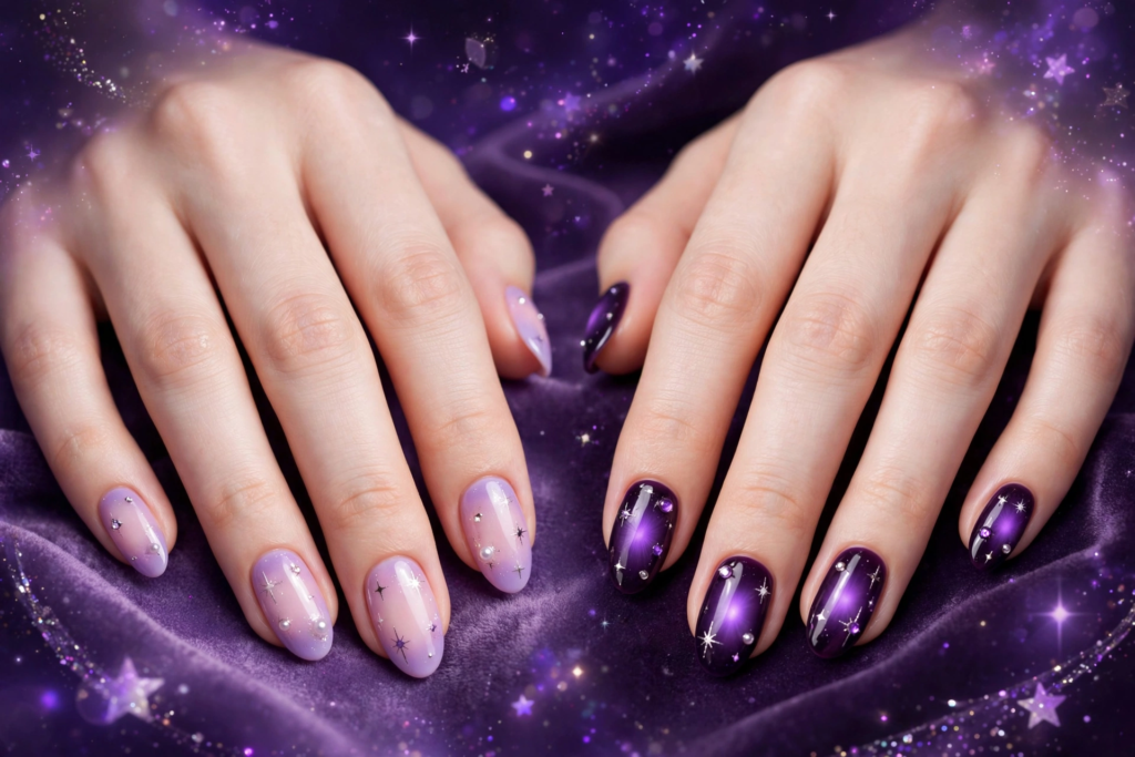 Celestial purple aura nails showcasing a two-tone design with pastel lavender on one hand and deep galaxy purple on the other, embellished with stars and pearls for 2026 nail art trends.   