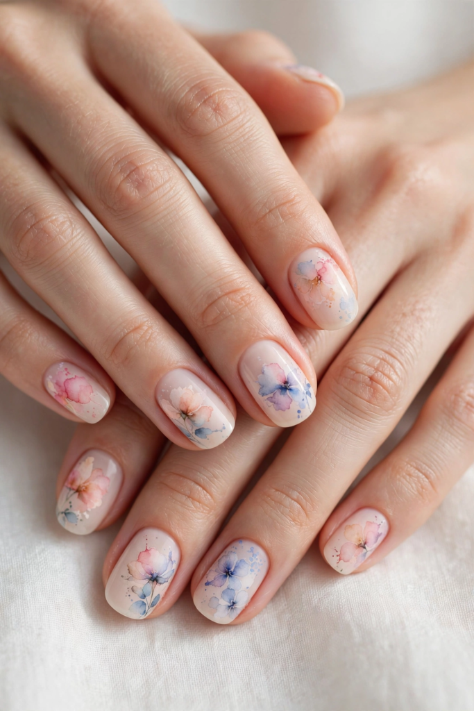 20 Simple Floral Nail Art Designs That Are Easy to Try Simple floral nail art designs featuring delicate soft blue and white botanical flowers on milky nude nails.