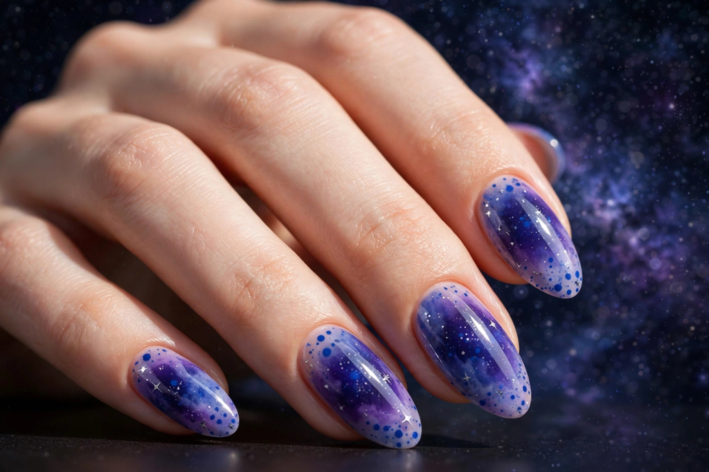 Galaxy aura nails featuring glossy almond tips with a deep blue and violet nebula center, white starbursts, and speckle details for 2026 manicures.   