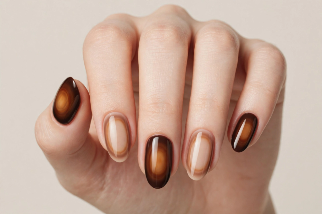 Espresso brown aura nails featuring alternating rich chocolate and nude translucent oval tips with warm caramel halo centers, trending for fall 2026 nail designs.   