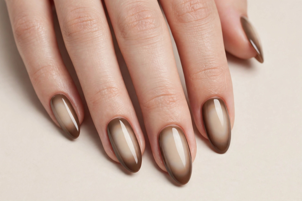 Neutral brown aura nails featuring glossy almond tips with a deep mocha gradient border and a pale cream center, trending for 2026 nail designs.   