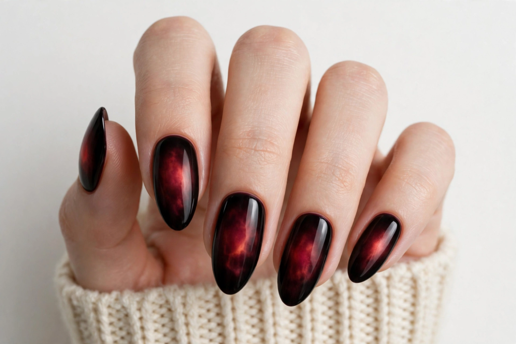Black and red aura nails featuring glossy almond-shaped tips with jet-black borders and a glowing crimson nebula center, trending for 2026 nail designs.   
