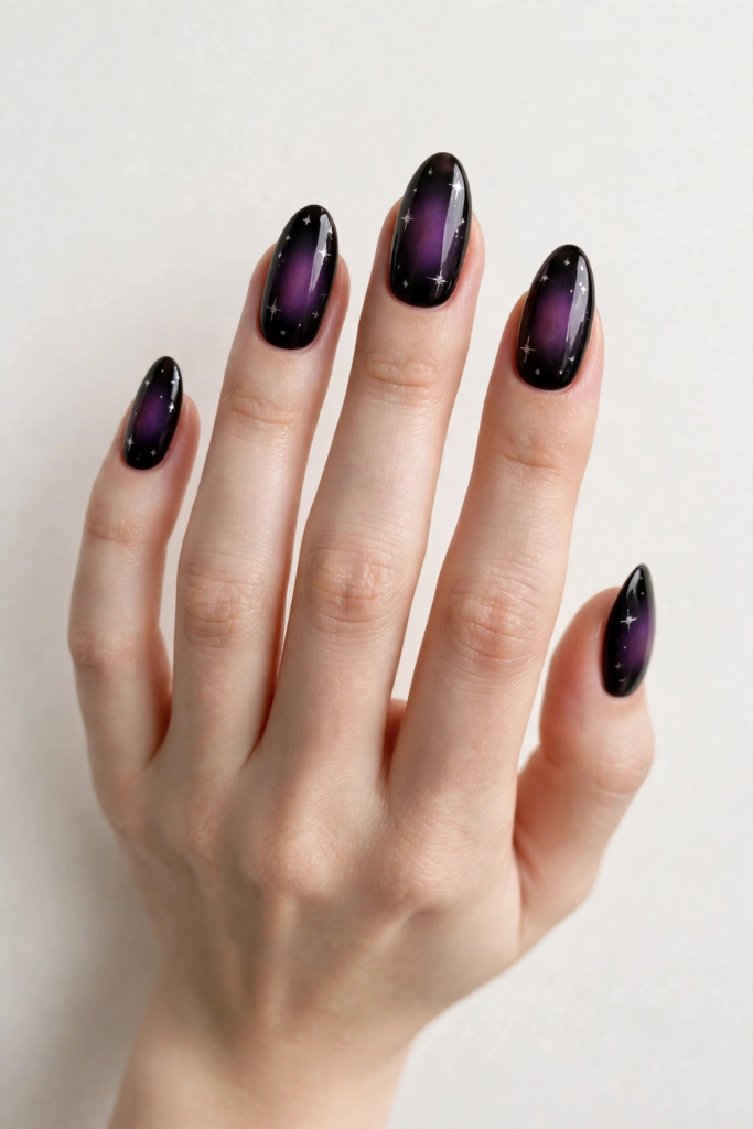 Black purple aura nails featuring glossy almond-shaped tips with deep black borders, glowing plum-purple centers, and delicate white starbursts for 2026 nail trends.   