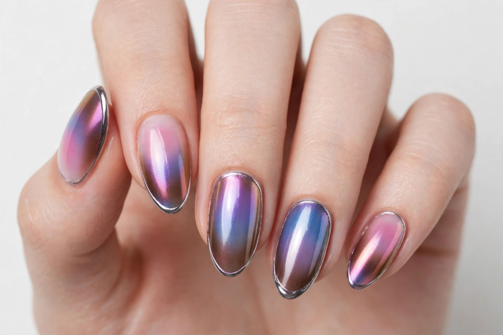 Chrome outline aura nails featuring glossy almond tips with iridescent pink, blue, and mocha aura gradients framed by metallic silver 3D borders for 2026 manicures.   