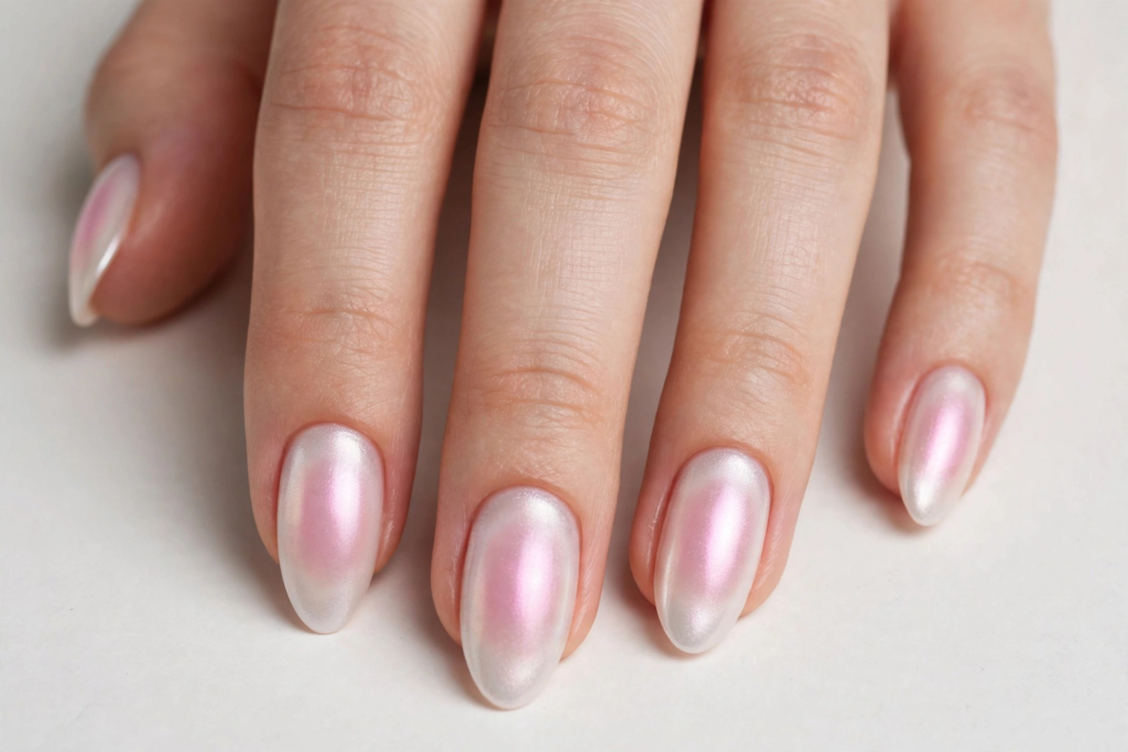 Glazed donut pearl aura nails featuring glossy almond tips with a pearlescent white base and an ethereal glowing pink center, trending for 2026 manicures.   