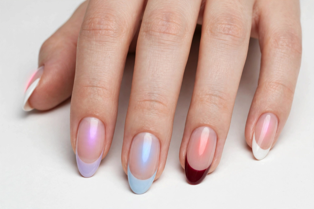 French tip aura nails featuring glossy almond nails with iridescent glowing aura centers and mismatched pastel and deep red French tips for 2026 nail trends.   