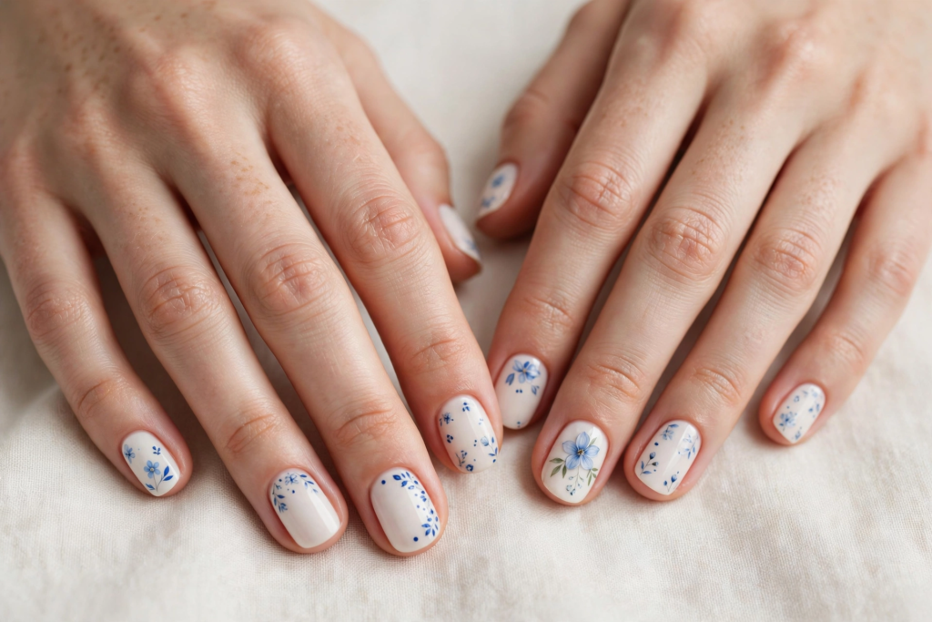 20 Simple Floral Nail Art Designs That Are Easy to Try Simple floral nail art designs featuring delicate blue wildflowers and leafy accents across short milky white nails.