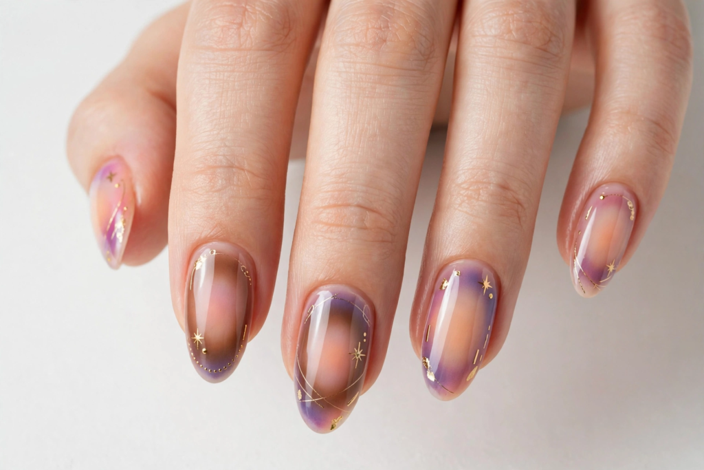 Celestial sunset aura nails featuring glossy almond tips with diffused peach, purple, and mocha gradients accented by fine gold starbursts and celestial line art for 2026 nail trends.   