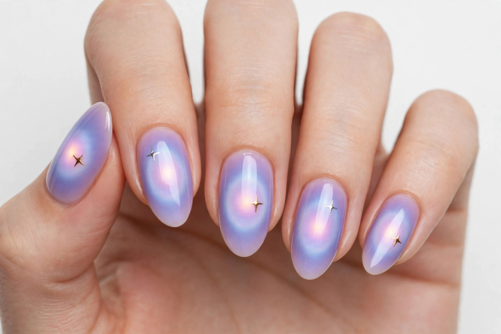 Celestial lavender aura nails featuring glossy almond tips with a diffused pastel purple base, glowing warm pink center, and gold starburst charms for 2026 nail trends.   