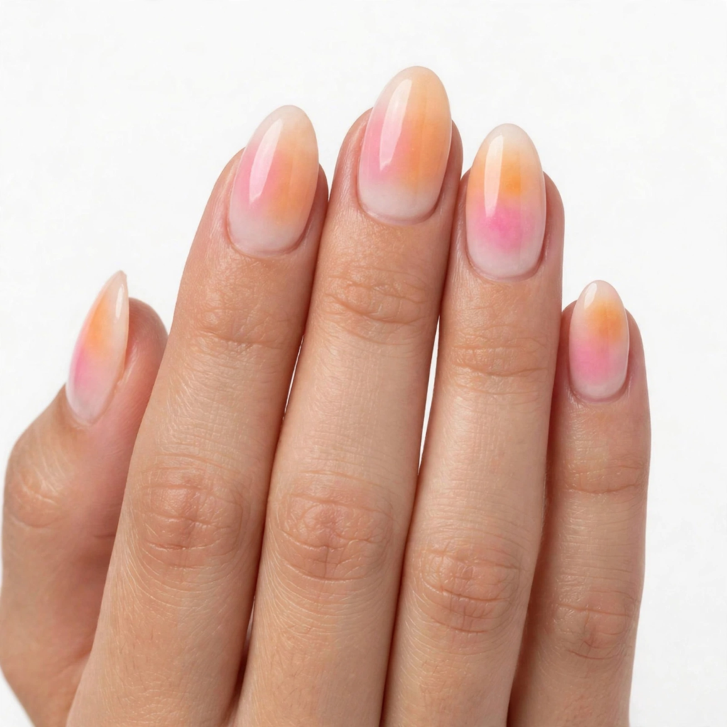 Pink and orange aura nails featuring glossy almond tips with a translucent milky base and diffused dual-tone peach and bubblegum-pink centers, popular for 2026 spring and summer manicures.   