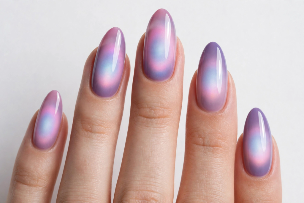 Purple and blue aura nails featuring glossy almond tips with a diffused pastel lavender perimeter and a soft pastel blue-and-pink aura center, trending for 2026 manicures.   