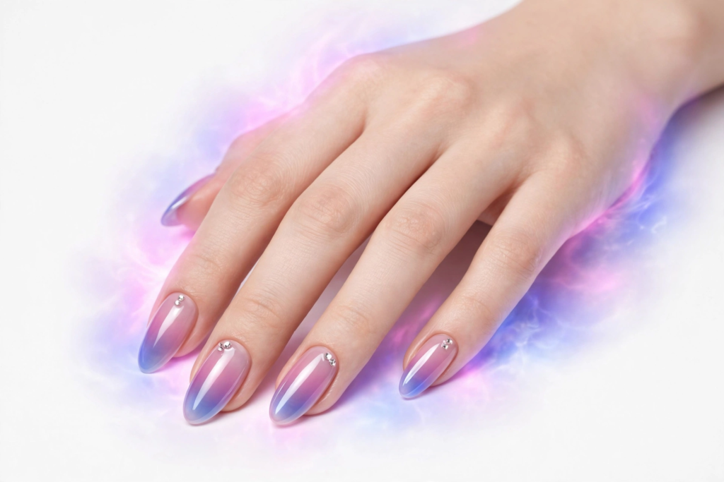 Rhinestone aura nails featuring glossy almond tips with a diffused pastel blue, lilac, and pink ombre gradient accented by delicate cuticle crystals for 2026 manicures.   