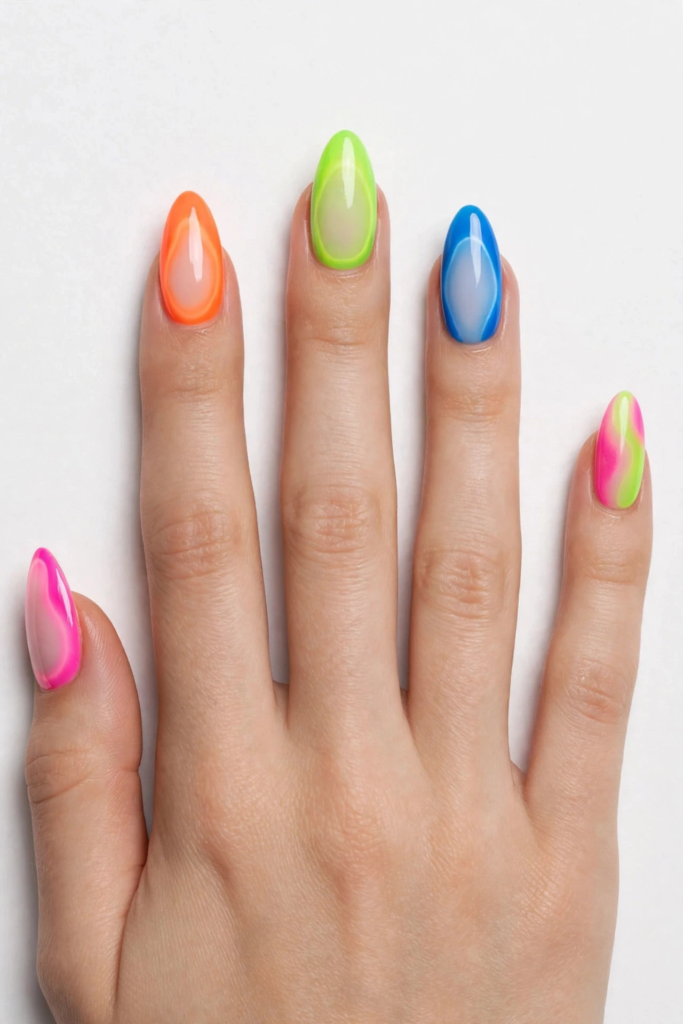 Neon aura nails featuring glossy almond tips with sheer milky centers outlined in vibrant electric pink, neon orange, lime green, and cobalt blue borders for 2026 summer nail trends.   