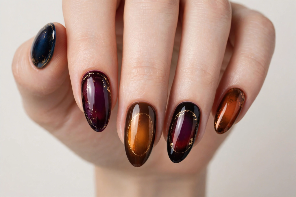 Gold framed dark aura nails featuring glossy almond tips in jewel tones of plum, amber, and midnight blue with metallic gold leaf rings for 2026 fall manicures.   