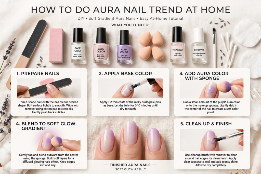 Step-by-step tutorial on how to do aura nails at home using a makeup sponge, showing nail prep, applying milky base color, blending a purple aura glow, and finishing with topcoat.   