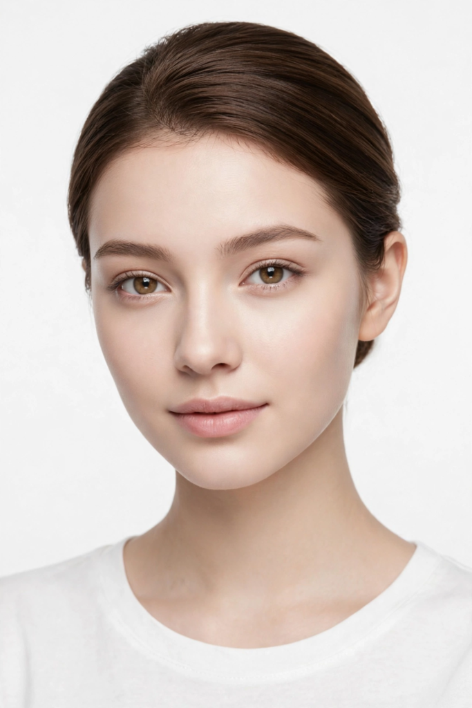 A young woman with clear skin wearing subtle, simple makeup looks, featuring natural groomed eyebrows and soft pink lips.