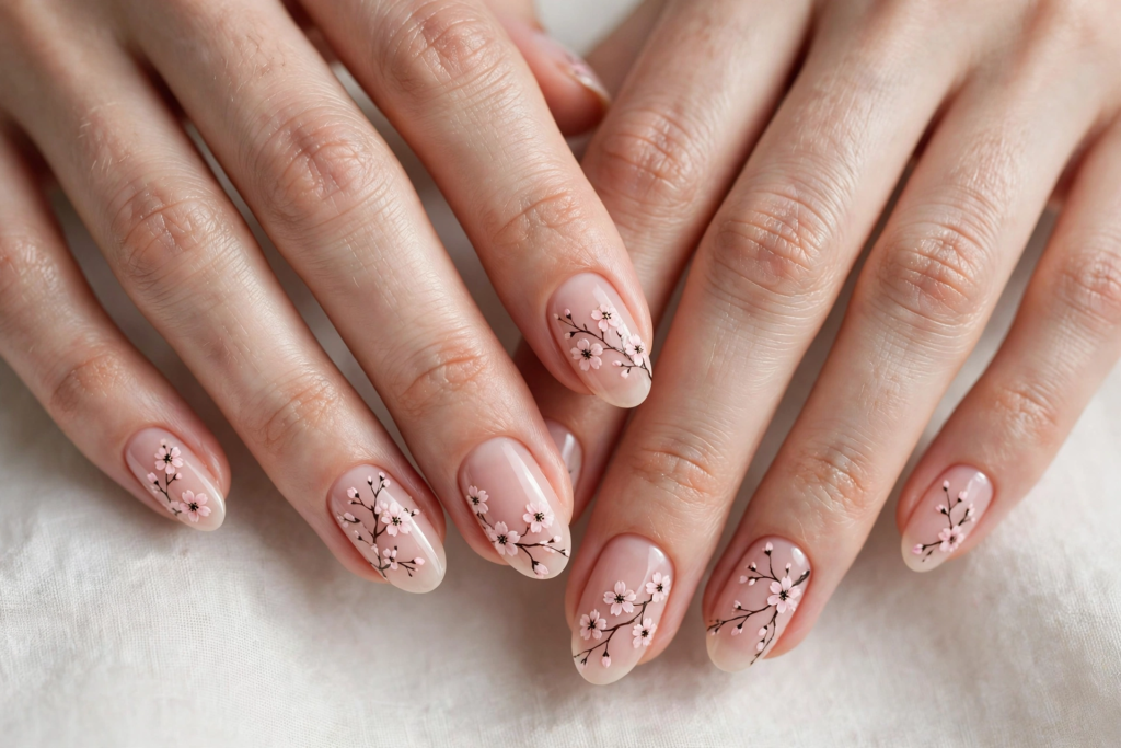 20 Simple Floral Nail Art Designs That Are Easy to Try Simple floral nail art designs featuring delicate pink cherry blossom branches painted on oval sheer nude nails.