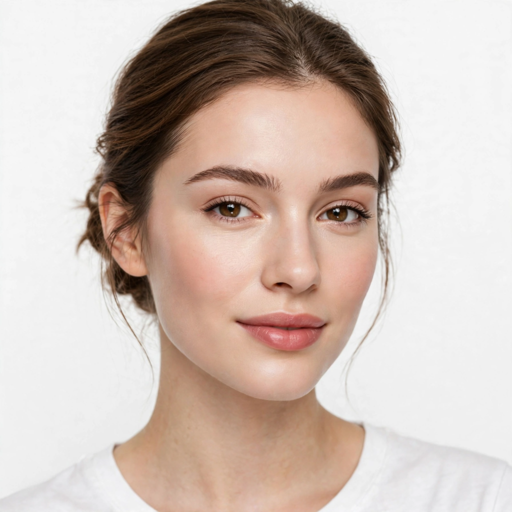 A smiling young woman featuring simple makeup looks with dewy skin, softly defined brown eyes, brushed brows, and rosy satin lips against a white background.   
