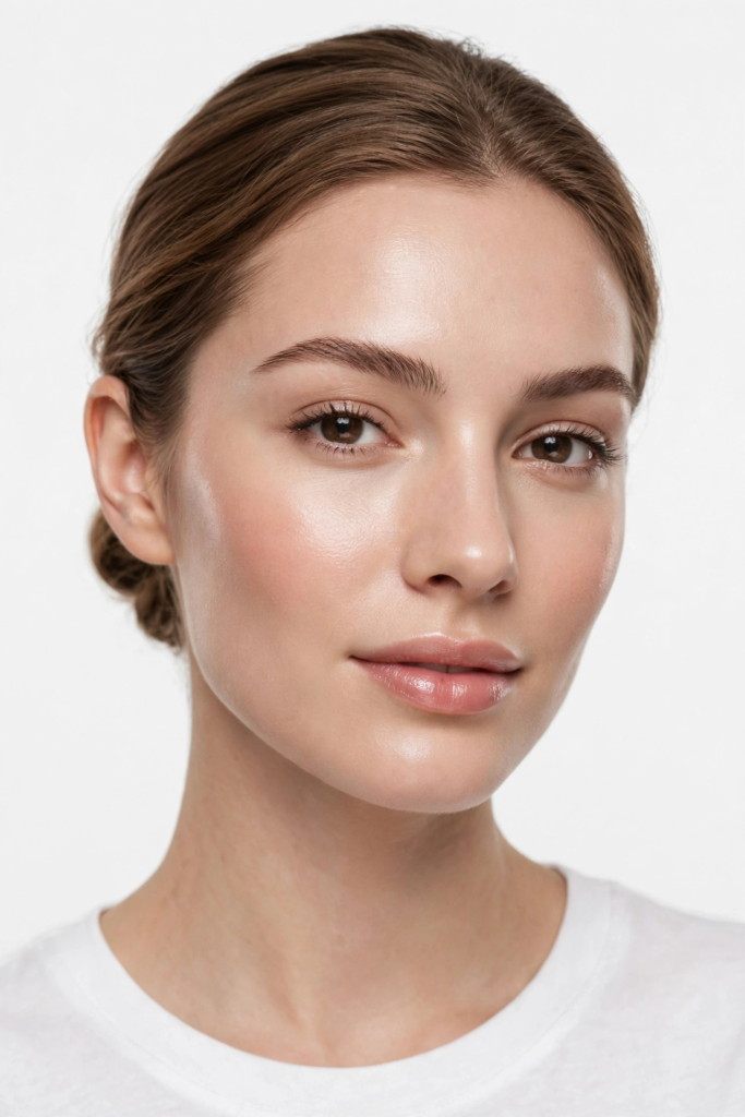 A woman with radiant, glass-like skin sporting simple makeup looks, highlighted by glossy nude lips, subtle cheek highlighter, and naturally brushed eyebrows.   