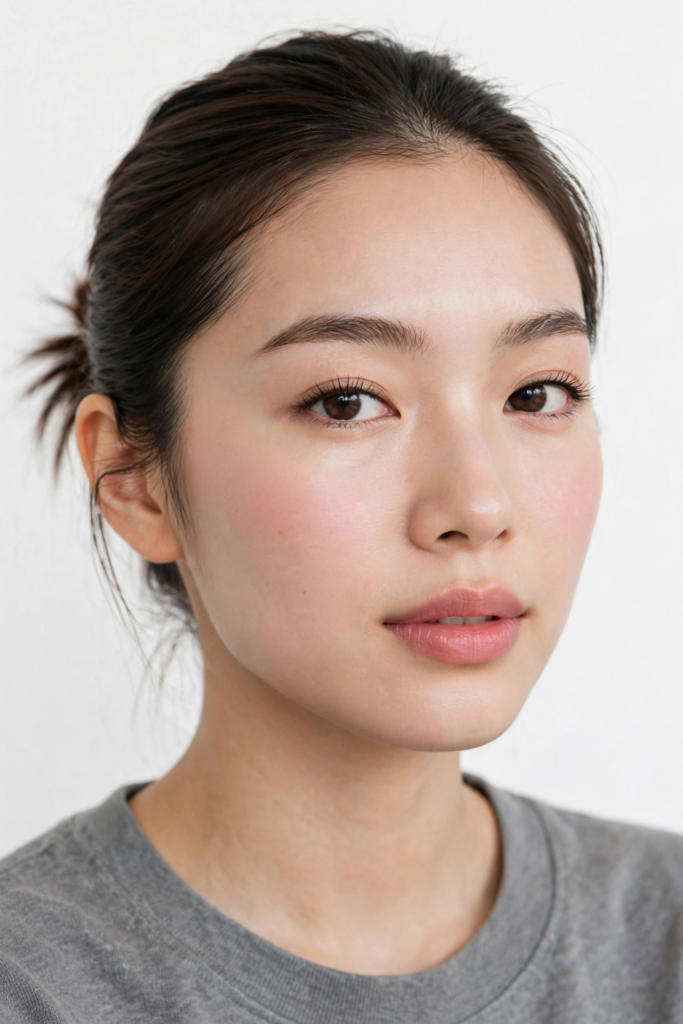 An East Asian woman wearing fresh, simple makeup looks with delicate mascara, soft pink blush, and natural tinted lips.   