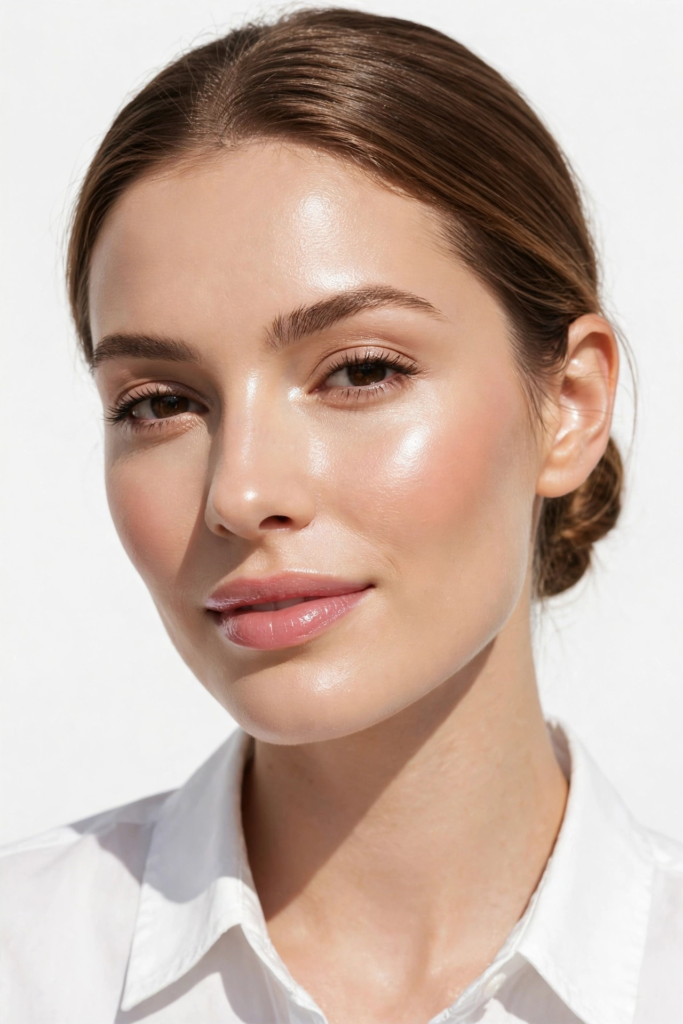A woman wearing a white collared shirt showcasing simple makeup looks with sunlit glowing skin, soft blush, defined eyelashes, and glossy pink lips.   