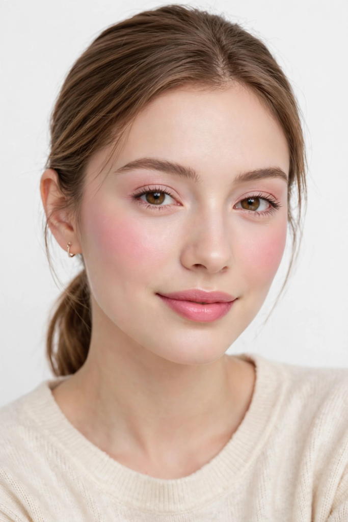 A smiling young woman in a beige knit sweater wearing simple makeup looks with bright pink flushed cheeks, subtle eyeshadow, and rosy pink lips.   