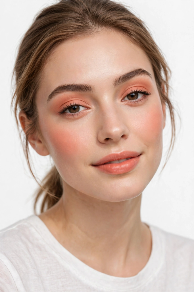 A smiling young woman wearing simple makeup looks with warm peach eyeshadow, peachy blush, full feathered brows, and glossy coral lips.   