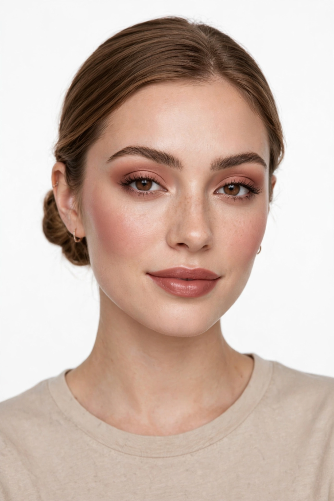 A smiling woman wearing simple makeup looks with soft mauve eyeshadow, brushed brows, gentle cheek blush, and satin nude-rose lips.   