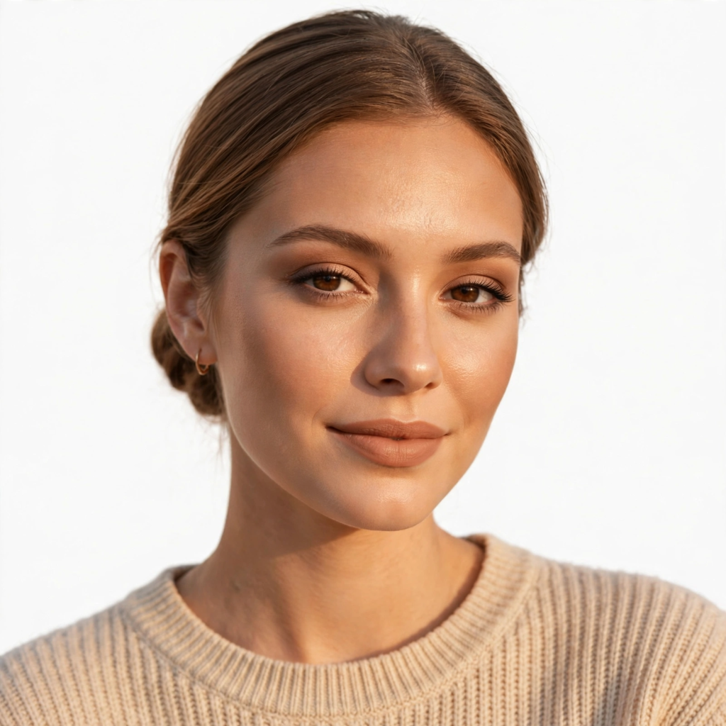 A woman in a beige ribbed sweater displaying warm, simple makeup looks with sun-kissed bronzed skin, soft brown eyeshadow, and matte nude lips.   